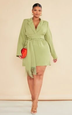 Plus Olive Wrap Front Tassel Belted Dress