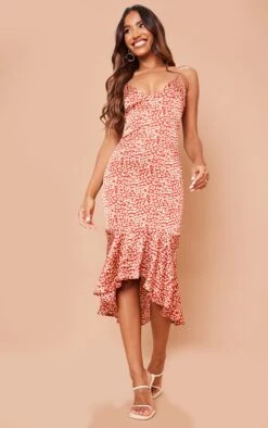 Red Leopard Print Frill Hem Midi Dress