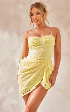 Lemon Broderie Knot Drape Detail Shift Dress