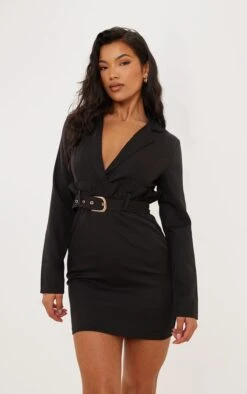 Black Frill Waist Belted Blazer Dress