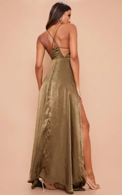 Beccie Khaki Extreme Split Strappy Back Maxi Dress