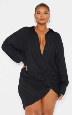 Plus Black Textured Gathered Detail Long Sleeve Shirt Dress -Women Clothing Shop 0585a52cf39266c99be301846c46b3a57f8442ce cmu4916 4