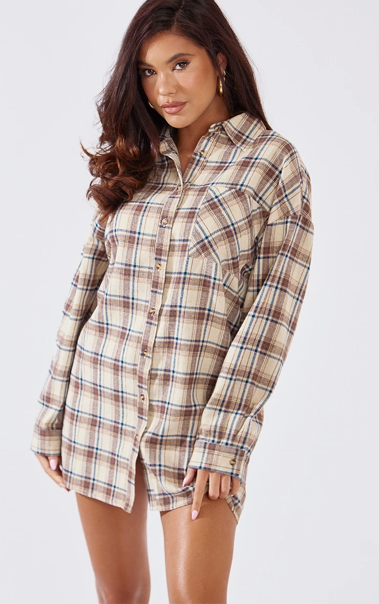 Stone Check Brushed Flannel Oversized Curved Hem Shirt Dress 8 Stone Check Brushed Flannel Oversized Curved Hem Shirt Dress - Image 6