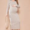 Maternity Oatmeal Ribbed Polo Neck Maxi Dress