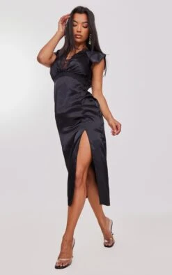 Black Lace Trim Cap Sleeve Split Detail Satin Midi Dress -Women Clothing Shop 0874c0295145d1d9e2b2f3cfb3846ea021ee509c cnb9601 3