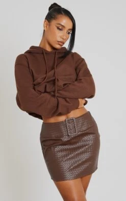 Chocolate Brown Faux Leather Woven Belted 90'S Micro Mini Skirt