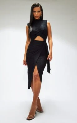 Black Textured High Neck Cross Waist Wrap Midi Dress