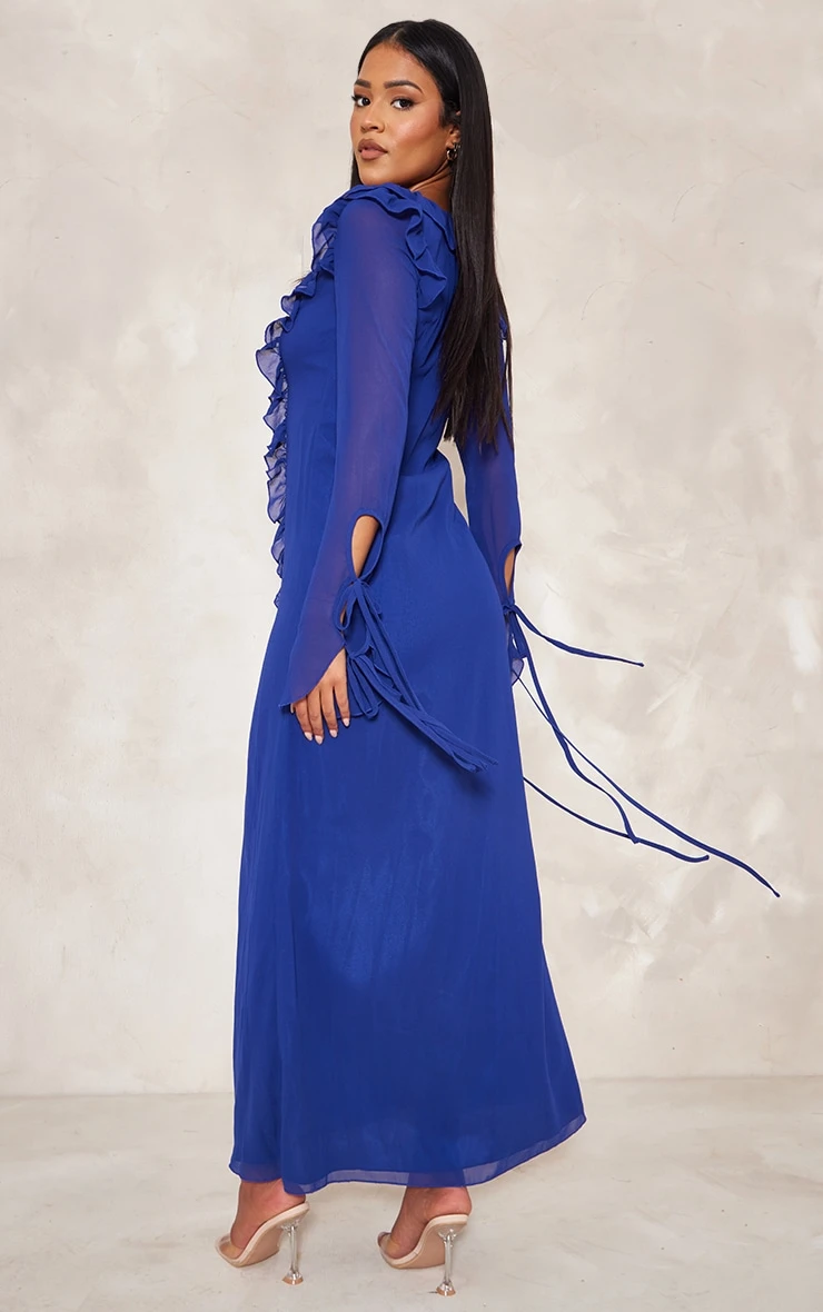 Tall Bright Blue Long Sleeve Frilled Maxi Dress 4 Tall Bright Blue Long Sleeve Frilled Maxi Dress - Image 2