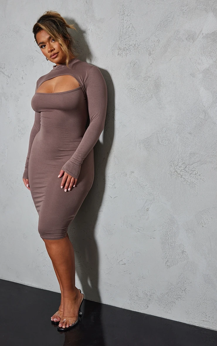 Shape Mocha Jersey Cut Out Long Sleeve Midi Dress 5 Shape Mocha Jersey Cut Out Long Sleeve Midi Dress - Image 3