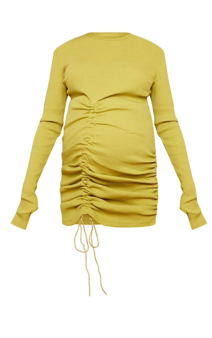 Maternity Chartreuse Long Sleeved Ribbed Ruched Front Bodycon Dress 7 Maternity Chartreuse Long Sleeved Ribbed Ruched Front Bodycon Dress - Image 5