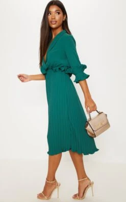 Emerald Green Frill Detail Pleated Midi Dress