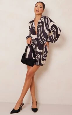 Black Swirl Print Plisse Frill Hem Shirt Dress