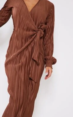 Chocolate Plisse Long Sleeve Wrap Midi Dress -Women Clothing Shop 171cd71c012588be75307443453b5915aac863b4 cnb3628 4