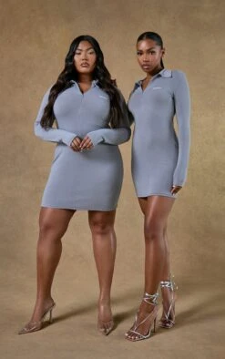 Renew Plus Grey Zip Up Plunge Bodycon Dress