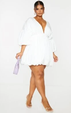 Plus White Puff Sleeve Puffball Hem Dress