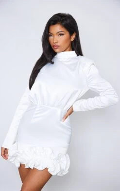 Cream Woven High Neck Puff Hem Bodycon Dress