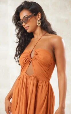 Rust Linen Look Halterneck Plunge Maxi Dress -Women Clothing Shop 1e590df1cd4d3d16c20a64ac8170a020b8f3efc4 cnd8845 4