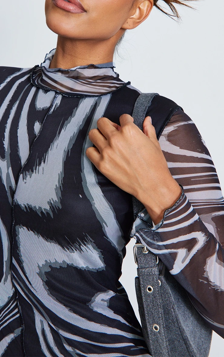 Monochrome Print Mesh High Neck Binding Maxi Dress 6 Monochrome Print Mesh High Neck Binding Maxi Dress - Image 4