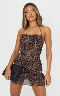 Brown Leopard Print Woven Halterneck Frill Hem Bodycon Dress