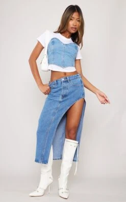 Mid Blue Wash Extreme Thigh High Slit Denim Midi Skirt