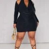 Plus Black Cowl Neck Long Sleeve Bodycon Dress