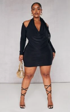 Plus Black Cowl Neck Long Sleeve Bodycon Dress