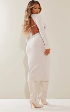 Shape Oatmeal Rib Long Sleeve Open Back Midaxi Dress