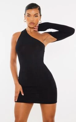 Black Acetate Slinky One Shoulder Cut Out Bodycon Dress