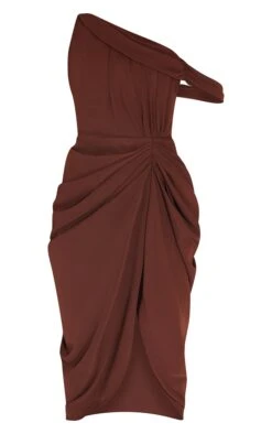 Chocolate Chiffon Asymmetric Strap Draped Midi Dress -Women Clothing Shop 25fc829751916187c1d6932db54c0c1036c428ed cmu6117 6