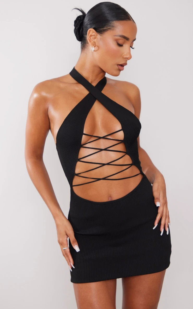 Black Rib Knit Halterneck Lace Front Dress 3 Black Rib Knit Halterneck Lace Front Dress