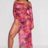 Shape Pink Printed Mesh Cold Shoulder Maxi Dress