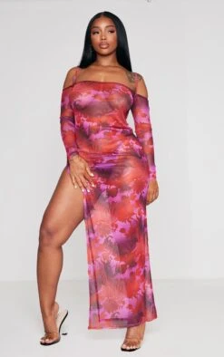 Shape Pink Printed Mesh Cold Shoulder Maxi Dress