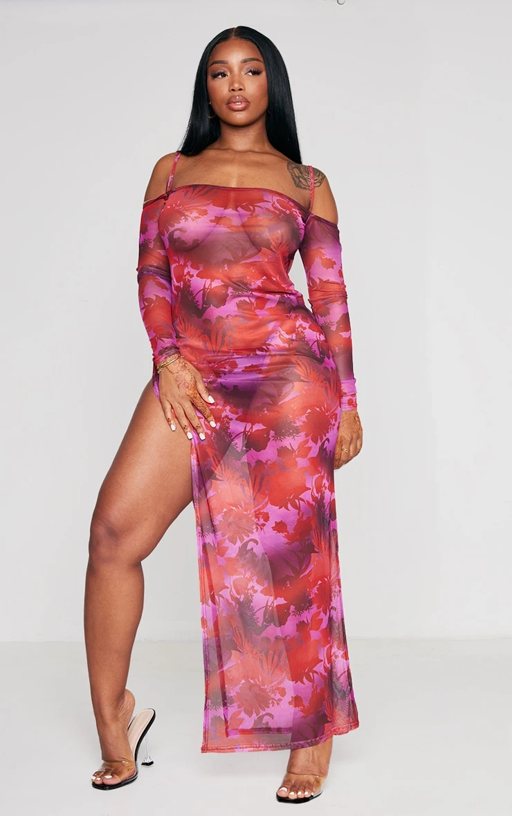 Shape Pink Printed Mesh Cold Shoulder Maxi Dress 3 Shape Pink Printed Mesh Cold Shoulder Maxi Dress