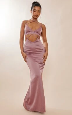 Deep Rose Satin Cross Waist Detail Strappy Maxi Dress