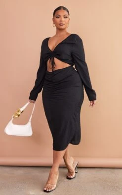 Plus Black Textured Cut Out Ruched Midi Dress -Women Clothing Shop 286dfc9923604ead9c5b176cd13e1a201c579023 cmw3068 4