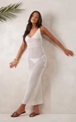 Tall Beige Strappy Knitted Maxi Dress