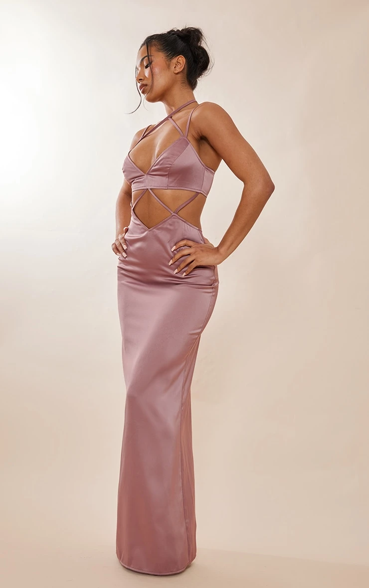 Deep Rose Satin Cross Waist Detail Strappy Maxi Dress 5 Deep Rose Satin Cross Waist Detail Strappy Maxi Dress - Image 3