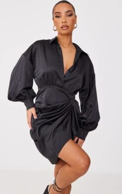 Black Satin Drape Skirt Oversized Sleeve Shirt Dress -Women Clothing Shop 2b0b26b5d7bd9798f7522f251b34dd7839c468c3 cnc6214 3