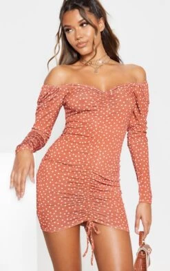 Terracotta Polka Dot Print Ruched Front Long Sleeve Bodycon Dress -Women Clothing Shop 2bb2f57682eb01a02ff86ce70b3056485db7be46 CMS1125 3