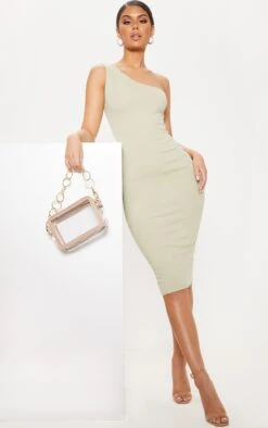 Sage Green Ribbed One Shoulder Midi Dress