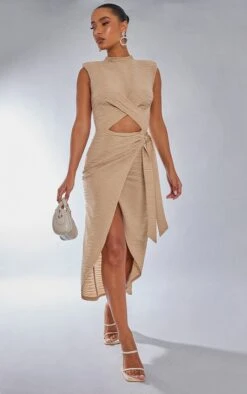 Stone Textured High Neck Cross Waist Wrap Midi Dress -Women Clothing Shop 2d024e188033a440d155526a44ed272d2bc0f5be cnb7303 3
