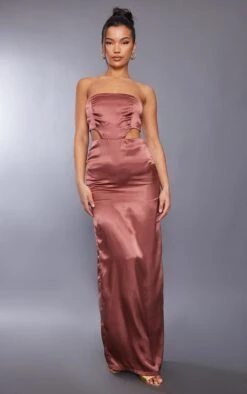 Chocolate Satin Cut Out Bandeau Maxi Dress