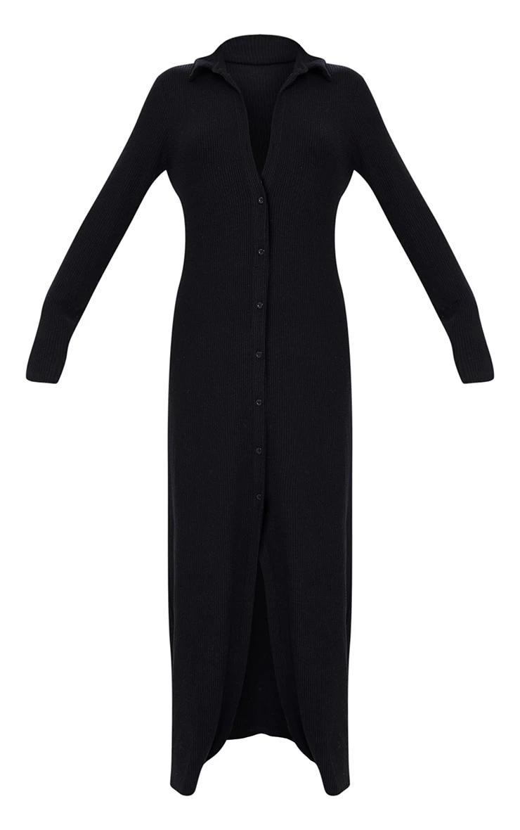 Black Button Up Collar Brushed Rib Detail Maxi Dress 7 Black Button Up Collar Brushed Rib Detail Maxi Dress - Image 5