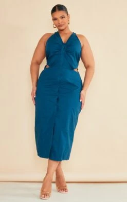 Plus Petrol Blue Poplin Sleeveless Shirt Midi Dress