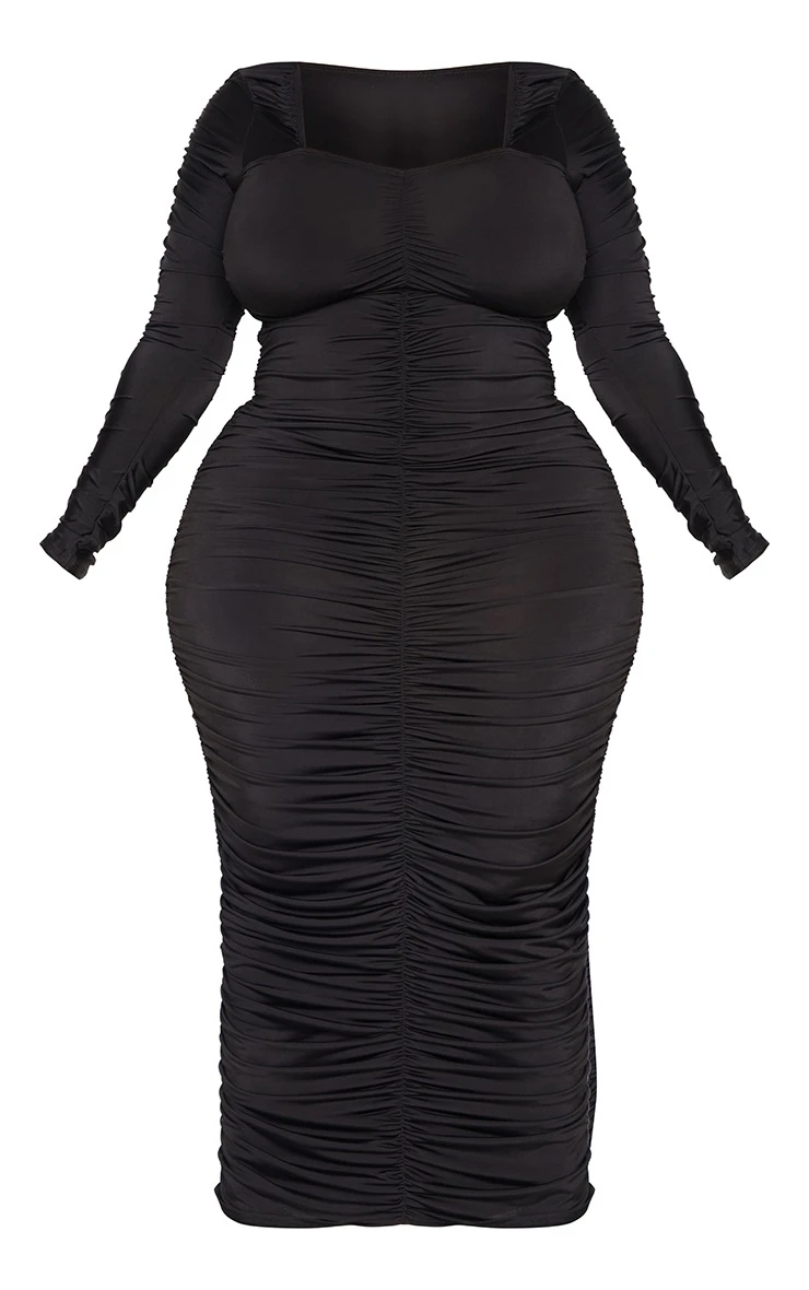 Plus Black Long Sleeve Extreme Ruched Midaxi Dress 7 Plus Black Long Sleeve Extreme Ruched Midaxi Dress - Image 5