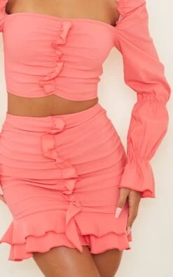 Coral Woven Frill Stretch Ruched Front Mini Skirt -Women Clothing Shop 3546b2816753d23505635fe152ac68a2c6e27b04 cmq3957 5