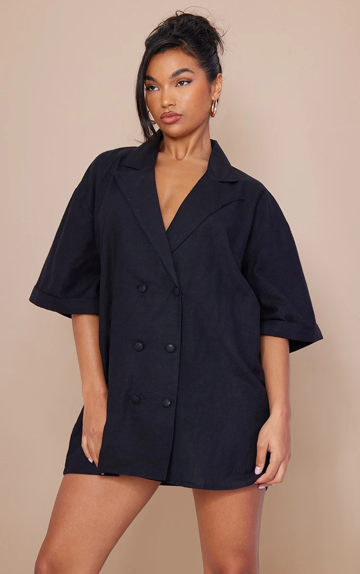 Black Linen Look Oversized Double Breasted Short Sleeve Blazer Dress 5 Black Linen Look Oversized Double Breasted Short Sleeve Blazer Dress - Image 3