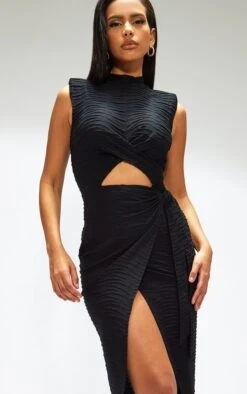 Black Textured High Neck Cross Waist Wrap Midi Dress -Women Clothing Shop 36fc3b496ca1d827cb77f24b830a53d6dda77d5b cnb7301 4
