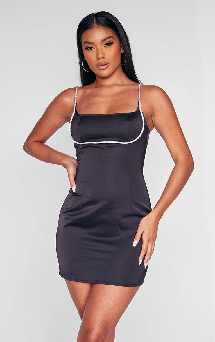 Black Satin Diamante Bust Trim Strappy Bodycon Dress 3 Black Satin Diamante Bust Trim Strappy Bodycon Dress