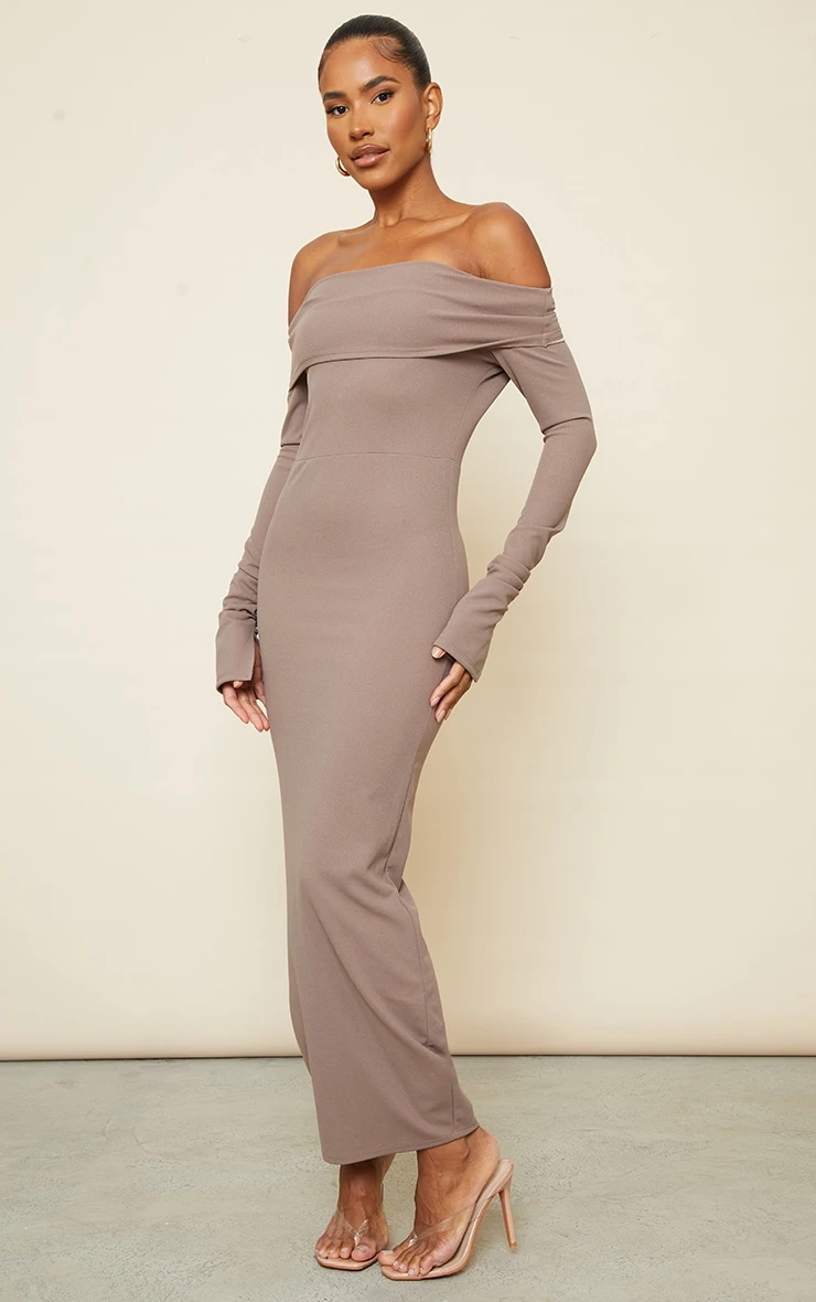 Taupe Fold Detail Ruched Sleeve Maxi Dress 3 Taupe Fold Detail Ruched Sleeve Maxi Dress